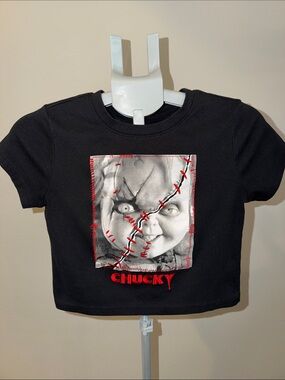 Embroidered Black Chucky Graphic Crop Top
